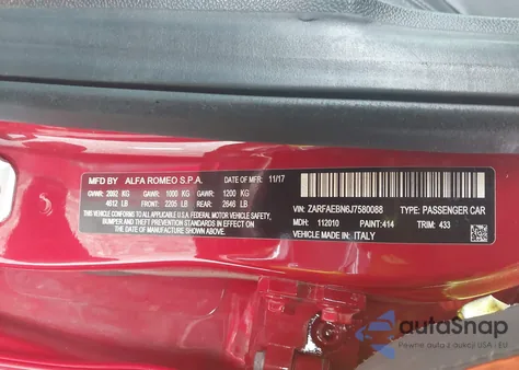 2018 Alfa Romeo Giulia Rwd from USA, damaged, VIN ZARFAEBN6J7580088